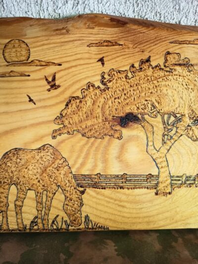 Planche décorative cheval dans la prairie
